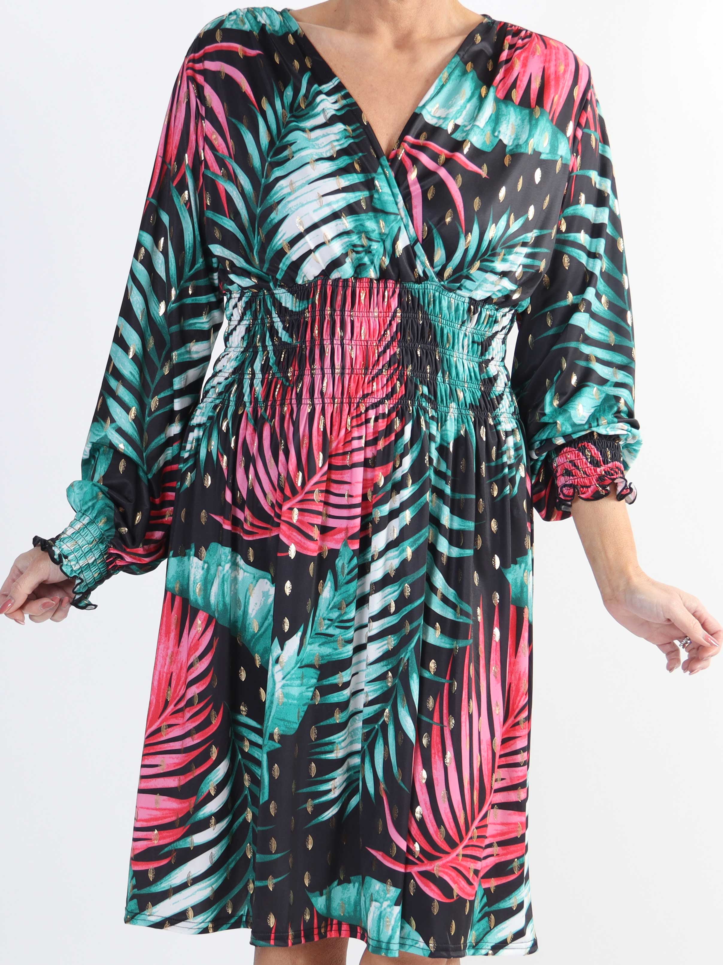 Pams Leaf Short L/S - Elastisk mönstrad klänning i skrynkelfritt tyg för stora storlekar